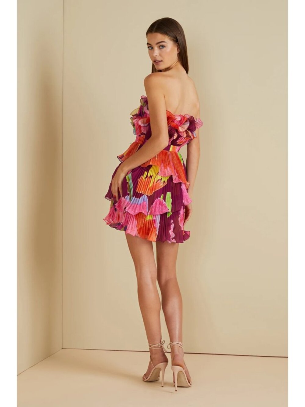 AMUR Massie Strapless Mini Dress Size 4 Purple Floral Pleated Ruffle A-Line - Picture 10 of 14